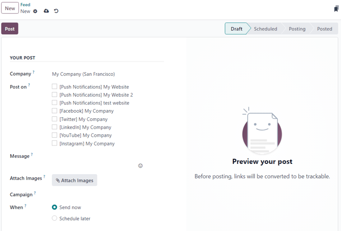 Blank social media post detail page in NightPOS Social Marketing.