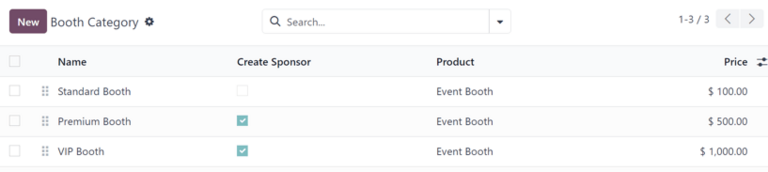 The Booth Category page in the NightPOS Events application.