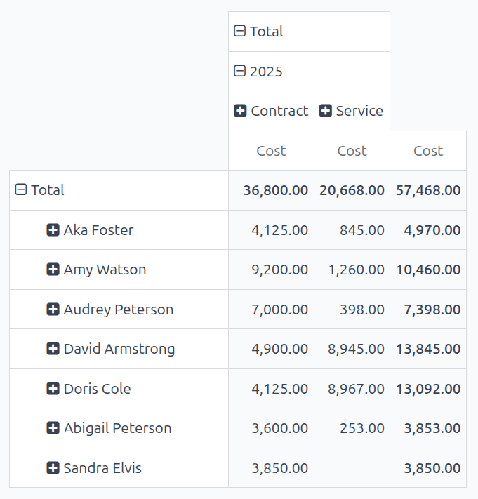 รายงานการวิเคราะห์ต้นทุนที่แสดงต้นทุนตามคนขับในตาราง Pivot