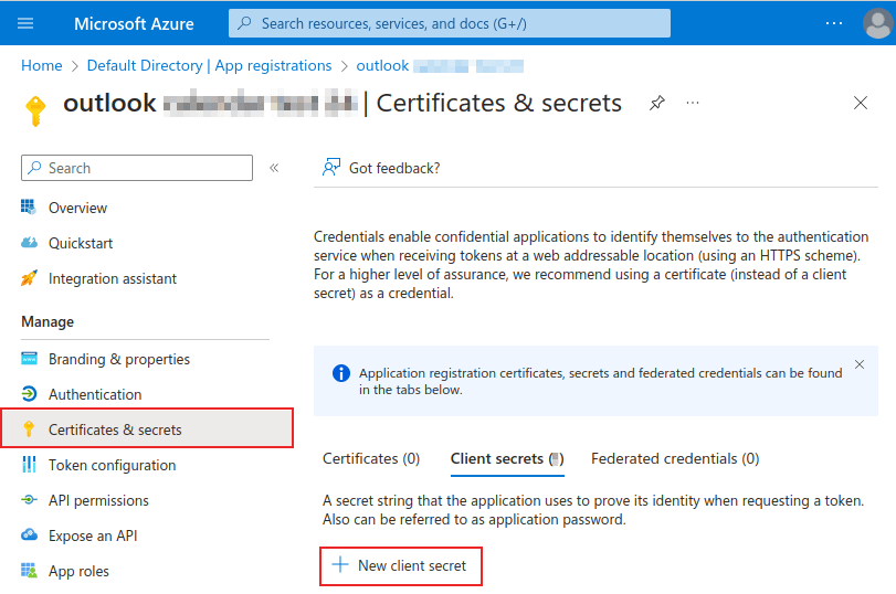 หน้า Client Secret ใหม่โดยมีเมนูใบรับรองและความลับและตัวเลือก Client Secret ใหม่ที่ถูกเน้น