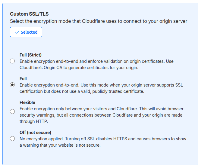 การตั้งค่าโหมดการเข้ารหัสเป็น full บน Cloudflare
