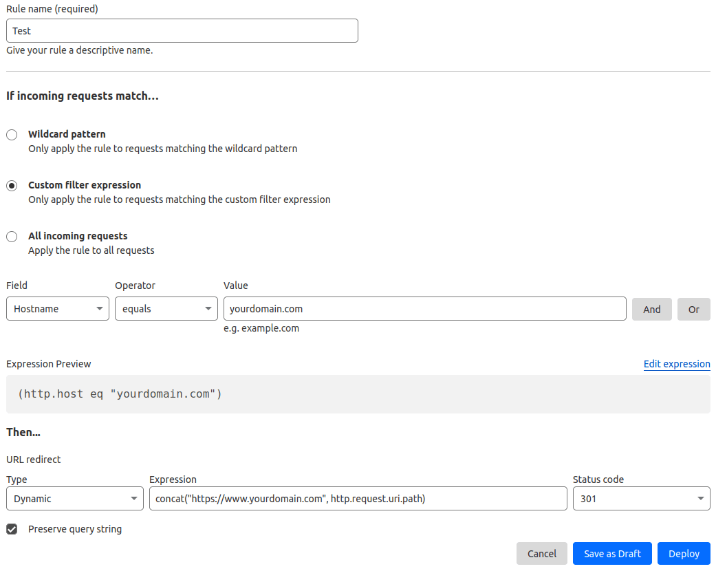 การกำหนด redirect rule ใน Cloudflare เพื่อสร้างการเปลี่ยนเส้นทางถาวร (301)