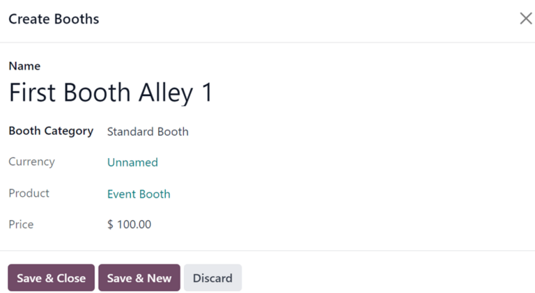 A Create Booths pop-up window in the NightPOS Events application.