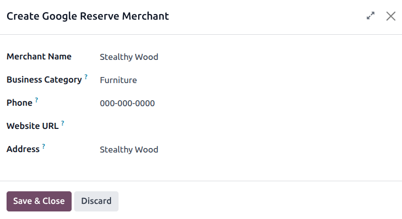 แบบฟอร์มสร้าง google merchant ใหม่ในแอป Appointments