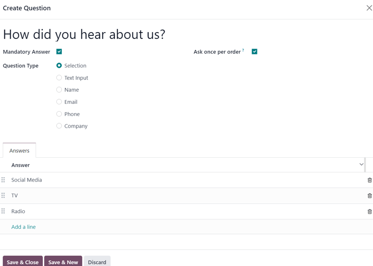 The Create Question pop-up window that appears in the NightPOS Events application.