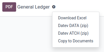 เมนูการดำเนินการของบัญชีแยกประเภททั่วไปพร้อมการส่งออก DATEV