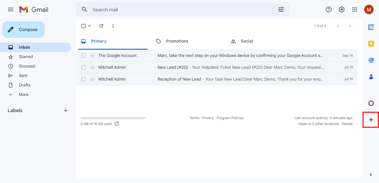 ไอคอนเครื่องหมายบวกบนแผงด้านข้างกล่องจดหมาย Gmail