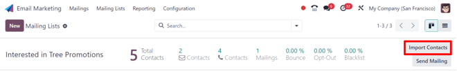 The import contacts button of a mailing list line in NightPOS Email Marketing.
