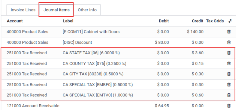 Journal items highlighted on a invoice in NightPOS.