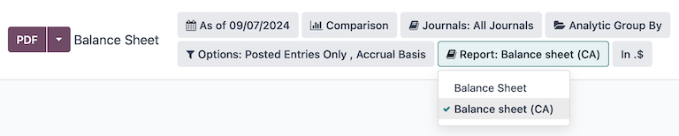 Balance sheet report selection for CA localization in NightPOS.