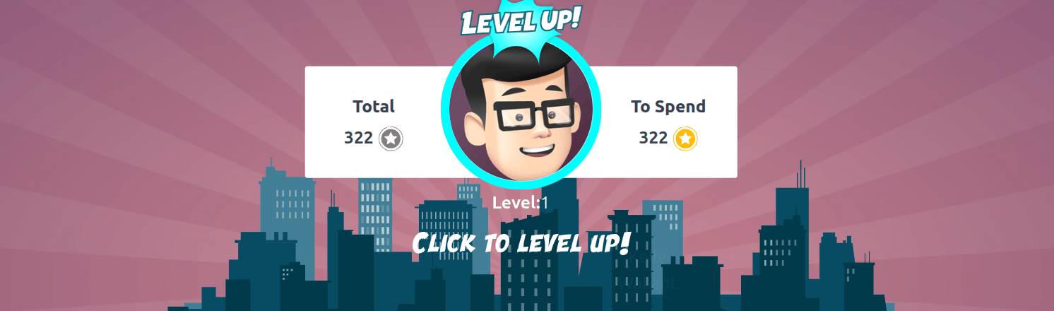 ข้อความ 'Click to level up!' ปรากฏใต้ภาพของผู้ใช้ และข้อความขนาดใหญ่ 'Level up!' ปรากฏเหนือภาพของพวกเขา
