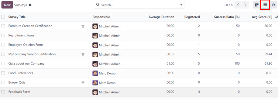 The list view option located on the NightPOS Surveys application dashboard.