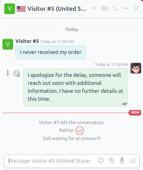View of a chat window from an operator's window highlighting a rating for NightPOS Live Chat.