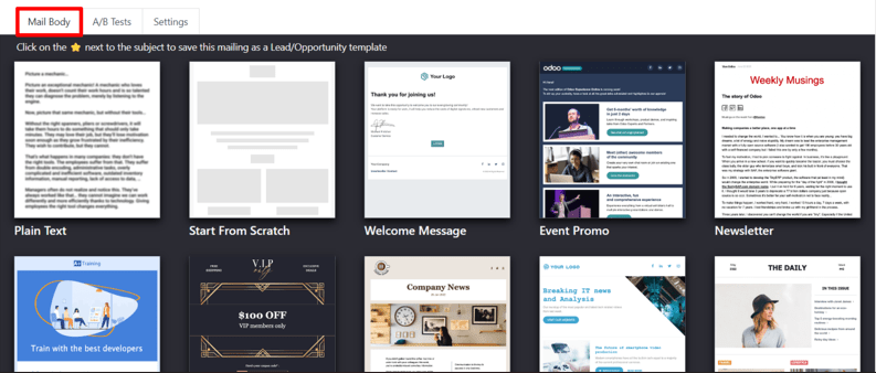 View of the templates in the Mail Body tab in NightPOS Email Marketing application.