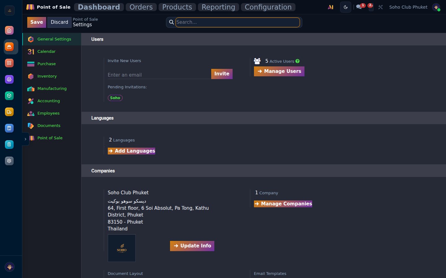 POS Settings — accessed via Point of Sale → Configuration → Settings