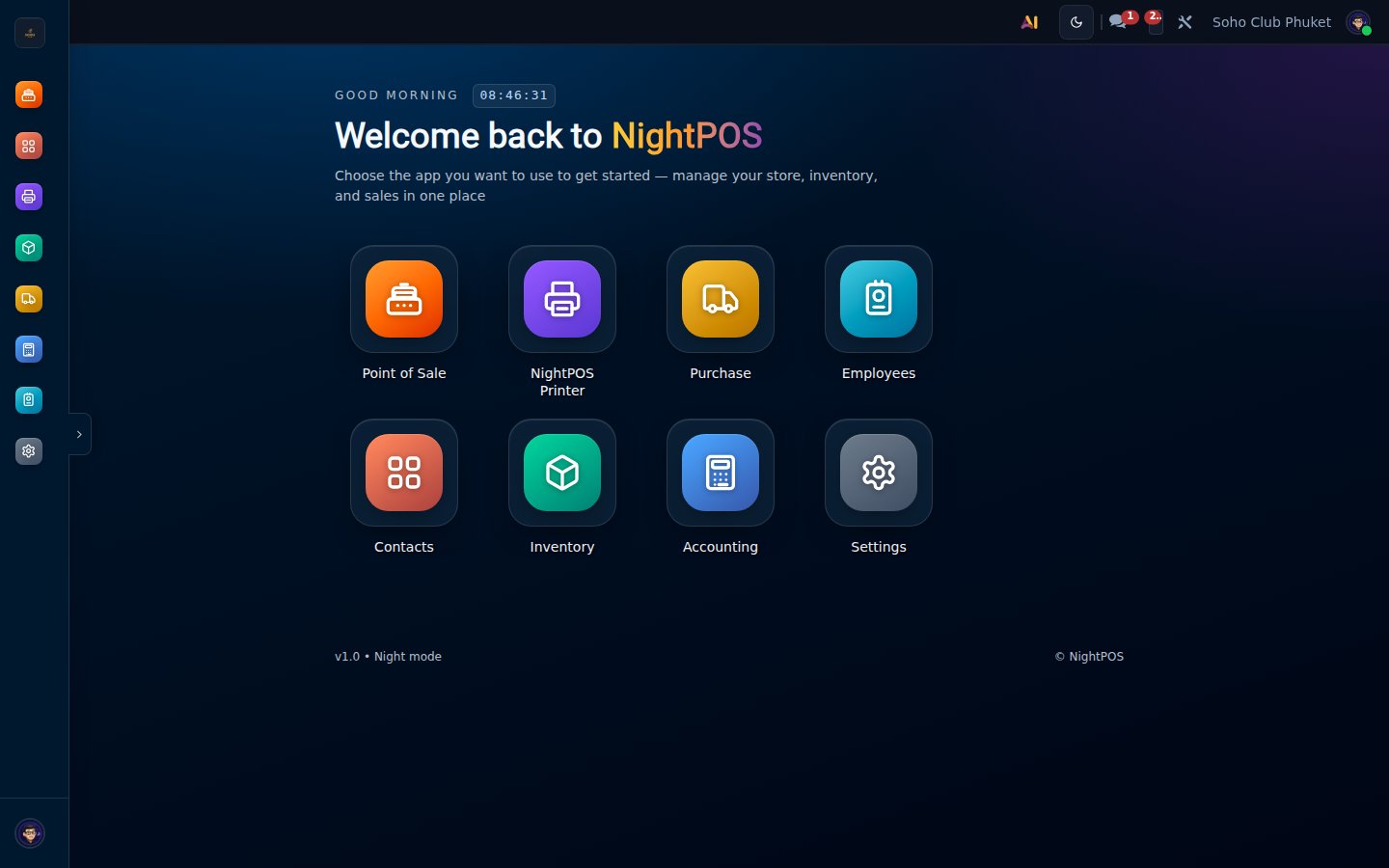 NightPOS home — click NightPOS Printer to access printer management
