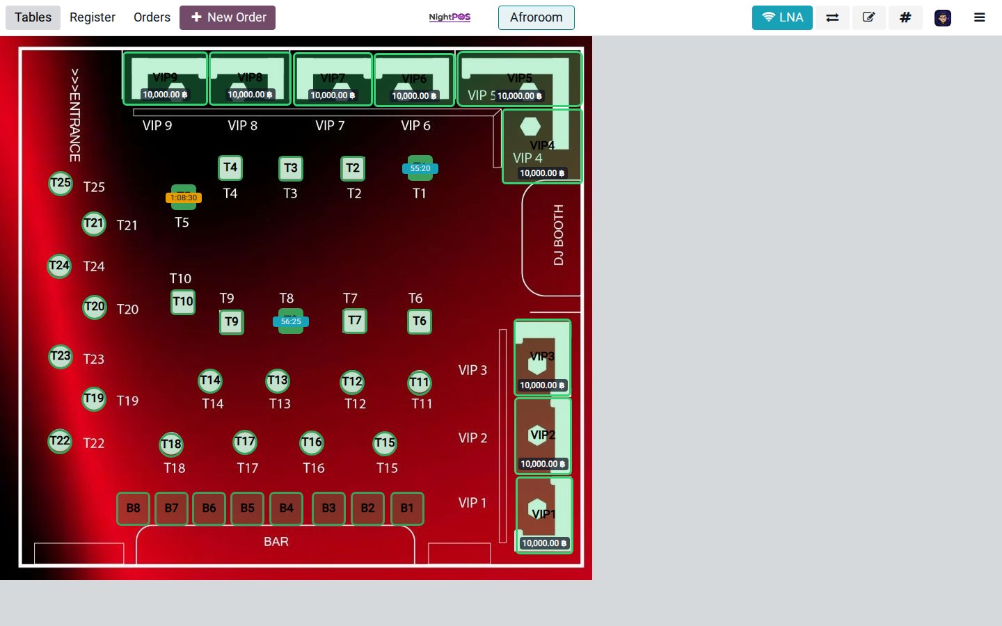 AfroRoom live floor plan — green tables have active orders with elapsed time shown