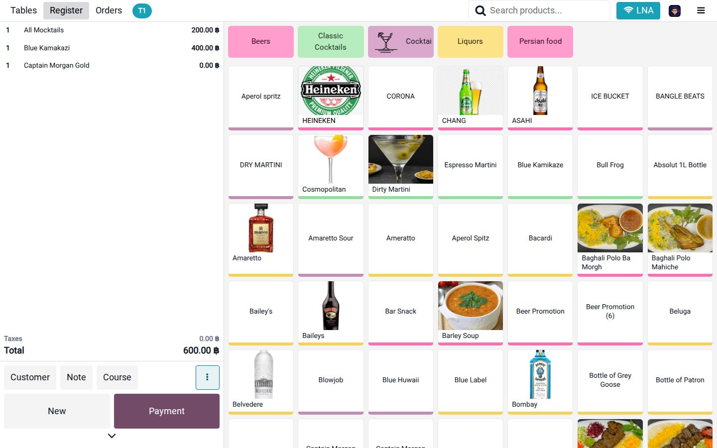 Live POS interface — T1 order with order panel (left) and product grid (right)