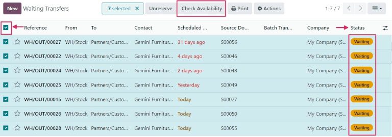 รายการคำสั่งซื้อในสถานะรอดำเนินการและปุ่มตรวจสอบความพร้อมใช้งาน