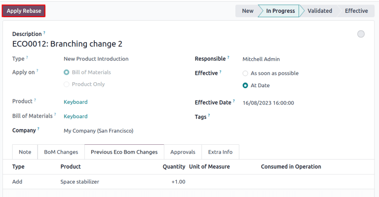 คลิกปุ่ม *นำ Rebase ไปใช้* เพื่ออัปเดต BOM ให้ตรงกับ BOM การผลิต