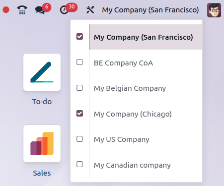 View of the companies menu through the main dashboard in NightPOS.