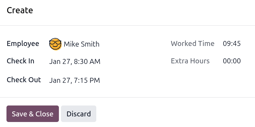 แบบฟอร์มบันทึกแอประบบลงเวลาทำงานที่กรอกสำหรับ Mike Smith สำหรับวันที่ 27 มกราคม 2026