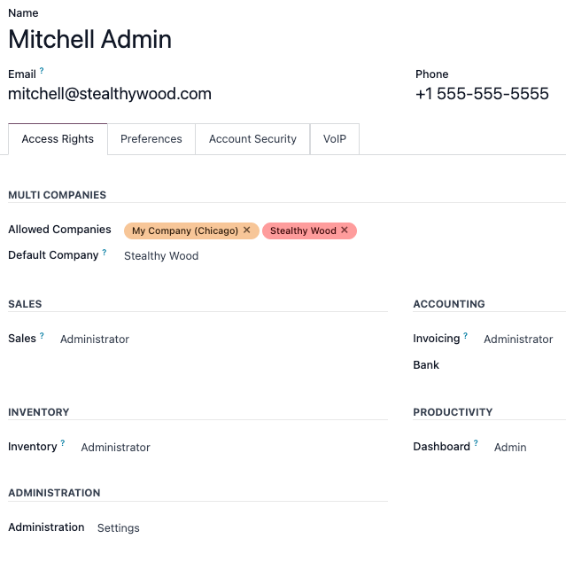 View of a user's form emphasizing the access rights tab in NightPOS.
