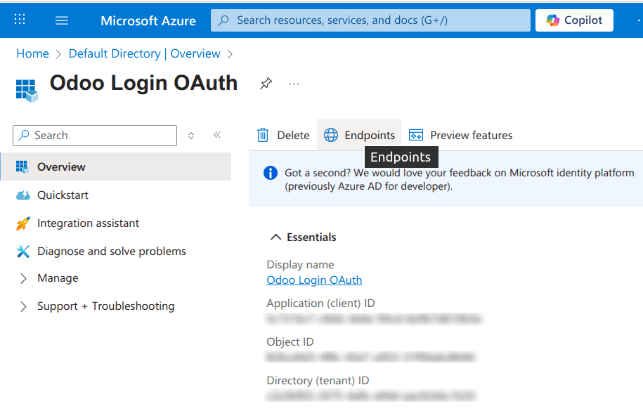 ID แอปพลิเคชันและข้อมูลประจำตัวปลายทางการอนุญาต OAuth 2.0 (v2)