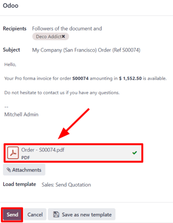 The email pop-up window that appears with pro-forma invoice attached in NightPOS Sales.