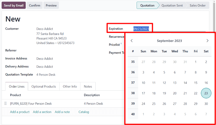 The expiration field on a standard quotation form in NightPOS Sales.