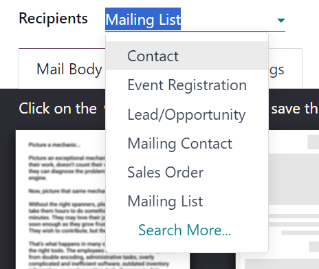 View of recipients drop-down menu in the NightPOS Email Marketing application.