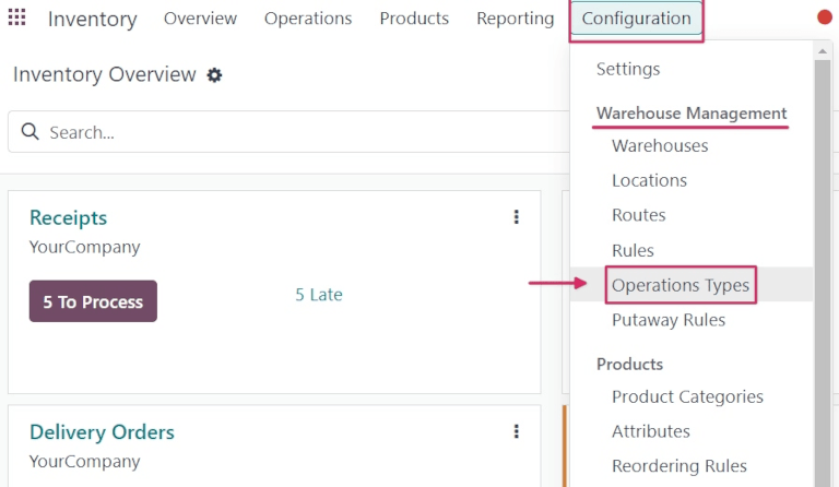 ประเภทการดำเนินการที่ไฮไลต์จากเมนูย่อย Configurations ในแอปคลังสินค้า