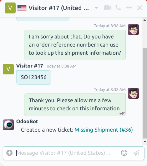 View of the chat window with a helpdesk ticket created in NightPOS Live Chat.