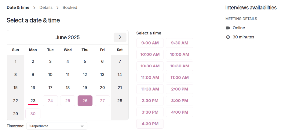 หน้าจอปฏิทินที่แสดงวันที่และเวลาในการจัดตารางการสัมภาษณ์