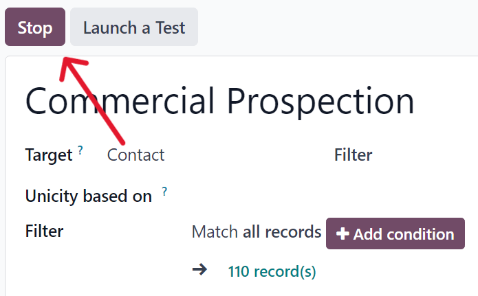 The stop button on a typical campaign detail form in NightPOS Marketing Automation application.