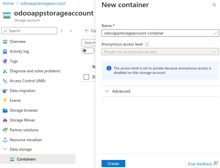 การสร้างคอนเทนเนอร์ที่เก็บข้อมูล Microsoft Azure