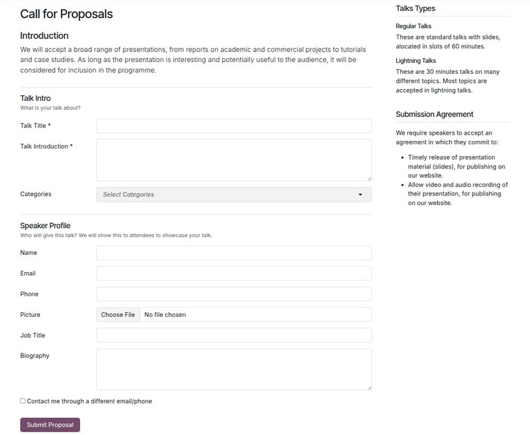 The Talk Proposals page on the event website built with the NightPOS Events application.