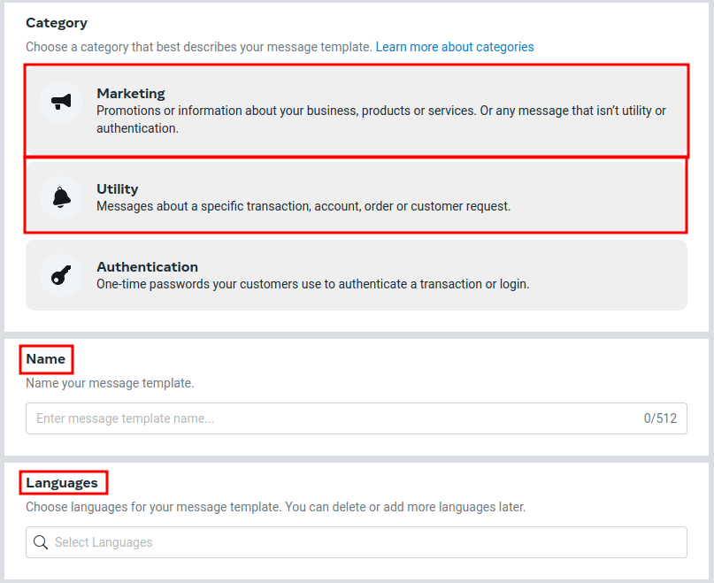 ตัวเลือกการกำหนดค่าเทมเพลตที่แสดงรายการ โดยมี Marketing, Utility, Name และ Language ถูกเน้น