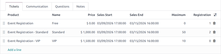 A typical tickets tab on an event form in the NightPOS Events application.