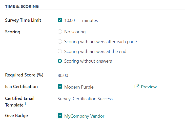 The Time and Scoring section of the Options tab on a survey form in NightPOS Surveys.