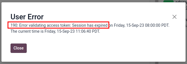 Error message displayed in NightPOS when the temporary token expires.