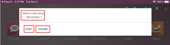 พร้อมท์หน้าต่างให้เลือกว่าจะใช้ VOIP หรือโทรศัพท์ของอุปกรณ์ในการโทร