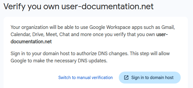 การสลับไปยังการยืนยันโดเมนด้วยตนเองบน Google Workspace